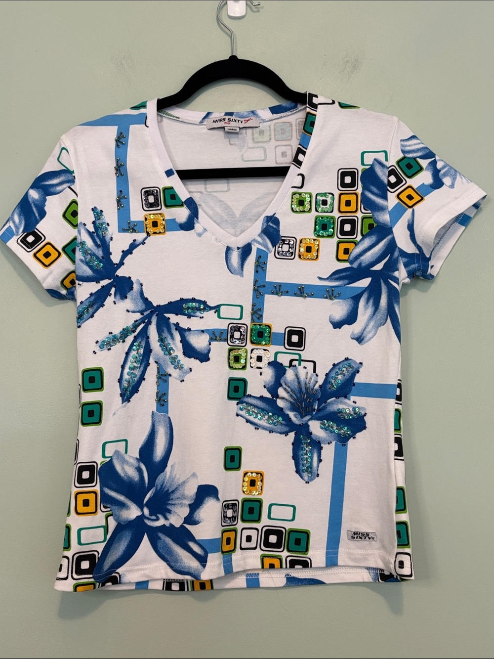 Miss Sixty Vintage Y2K Blue Floral V-Neck Beaded T-Shirt (Size L)